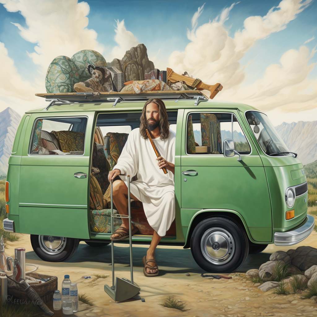 Jesus in Green Van with Golf Clubs