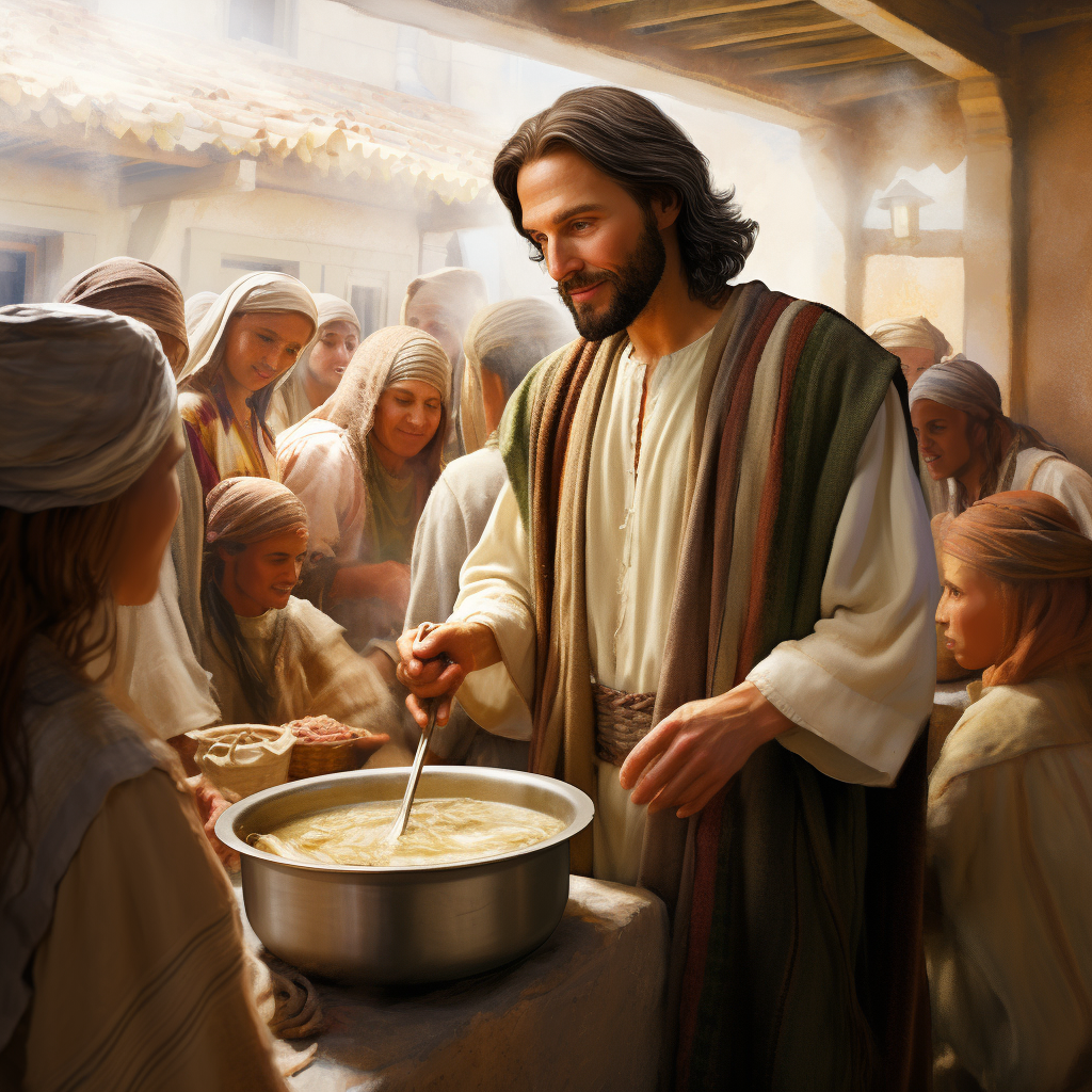 Jesus helping in soup kitchen