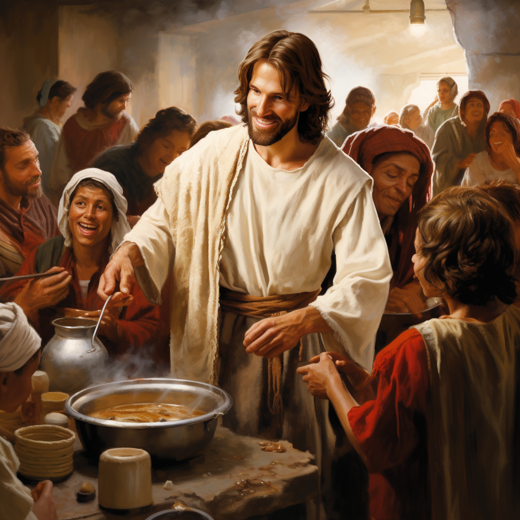 Jesus helping in a soup kitchen