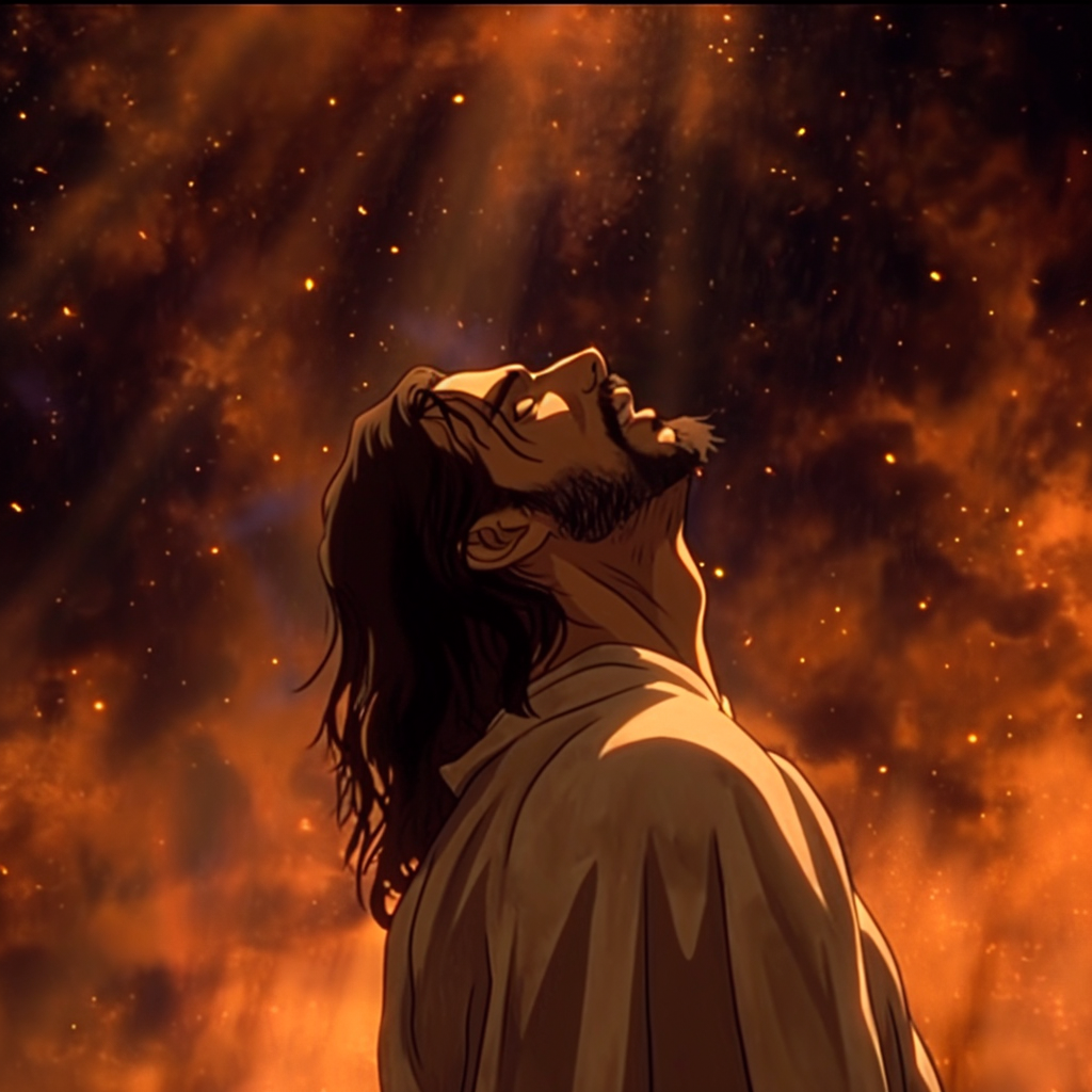 Jesus Looking Up Dark Fantasy Anime