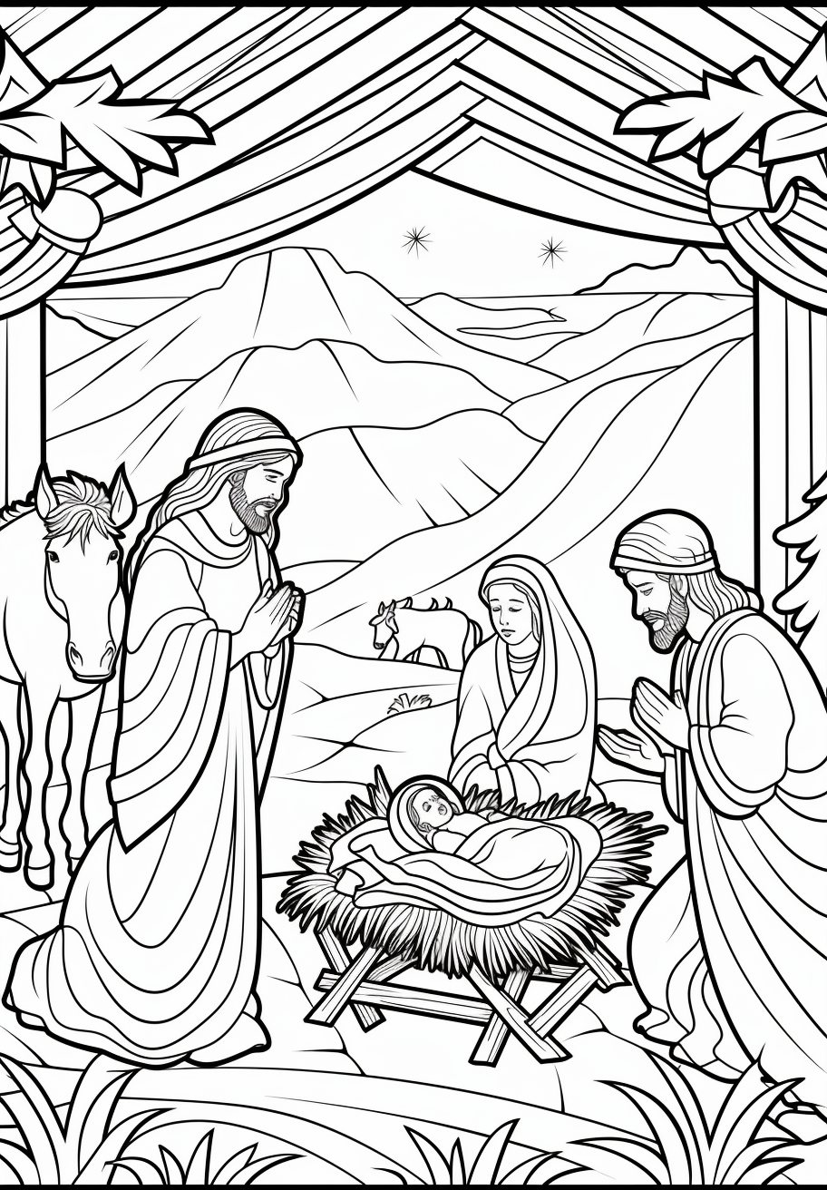 Coloring page of Jesus' manger scene