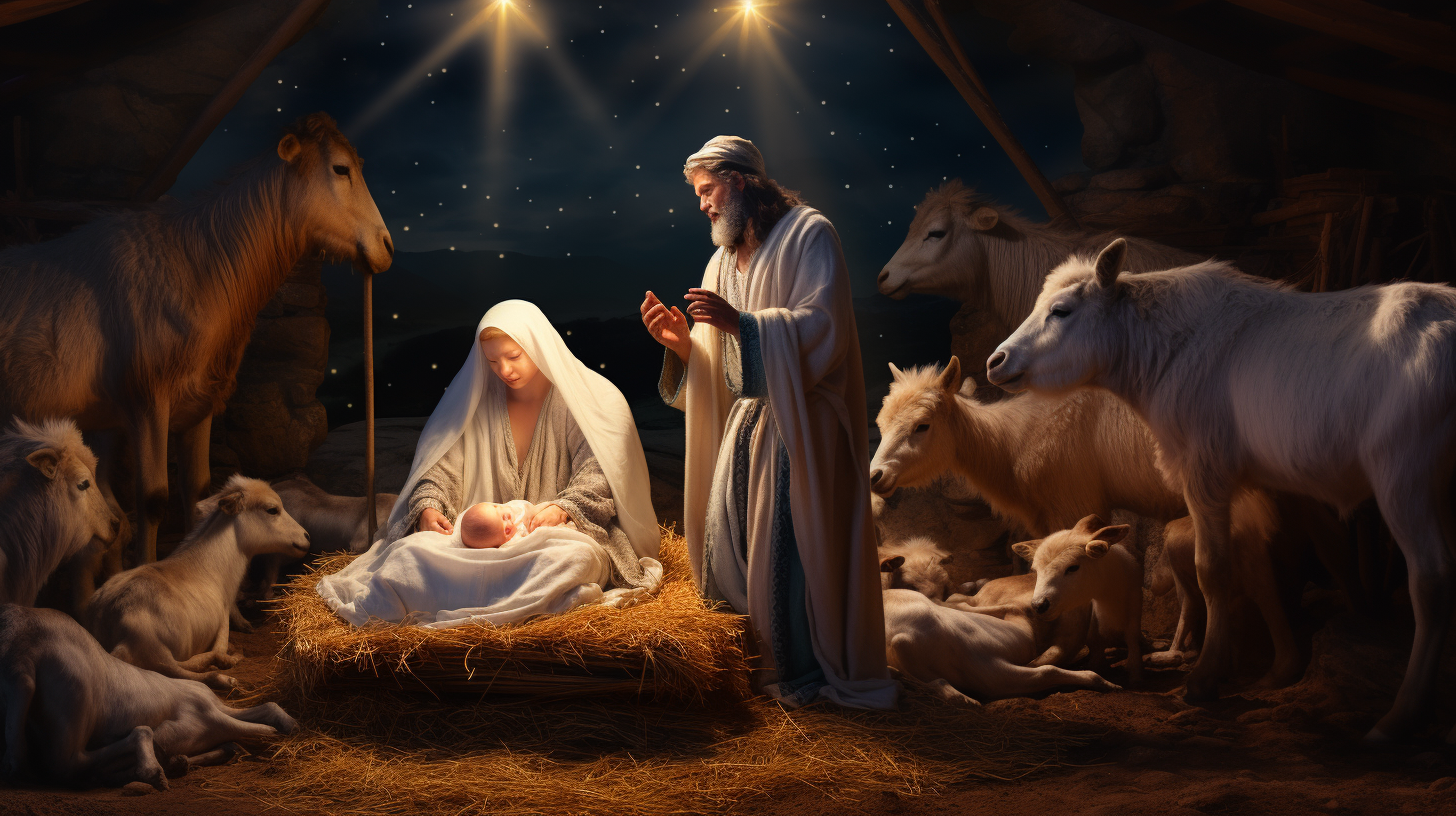 Jesus in a Manger with Mary, Joseph and Goats