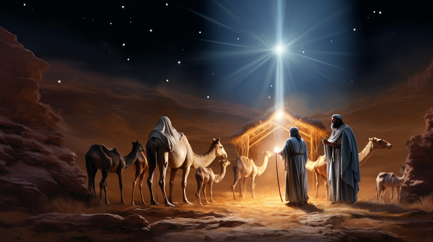 Surreal depiction of Jesus in a Manger with Wise Men