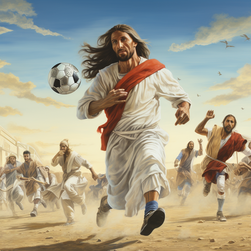 Jesus playing soccer with religious leaders