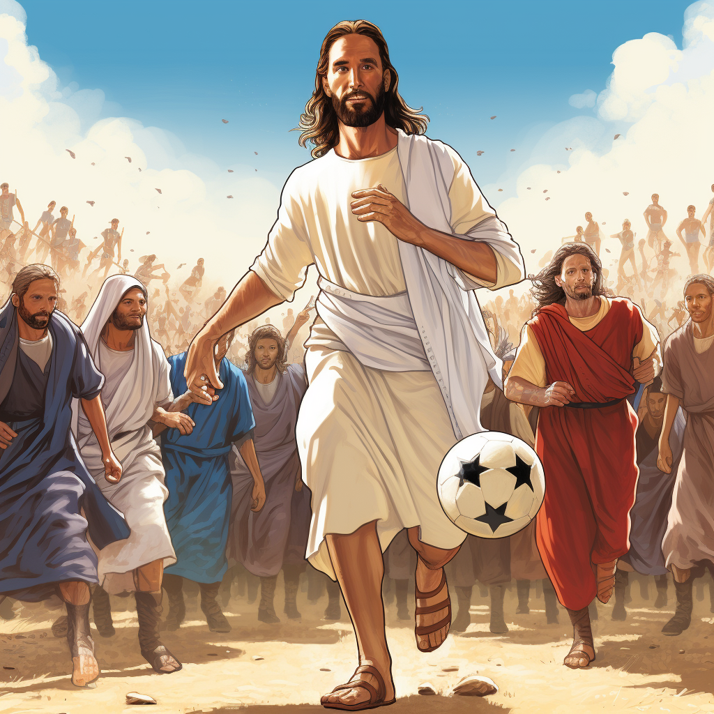 jesus playing soccer with religious leaders