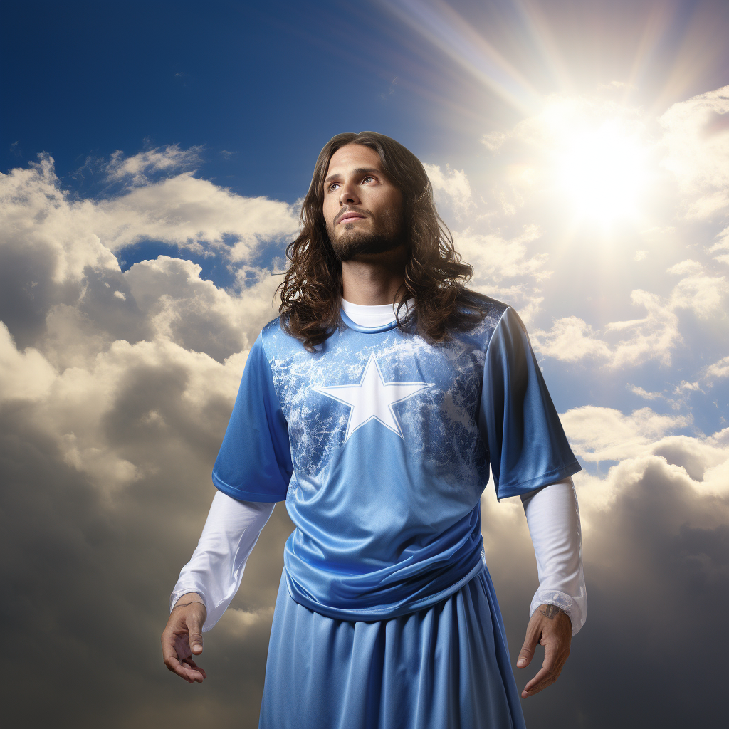 Jesus modeling Team Heaven soccer jersey