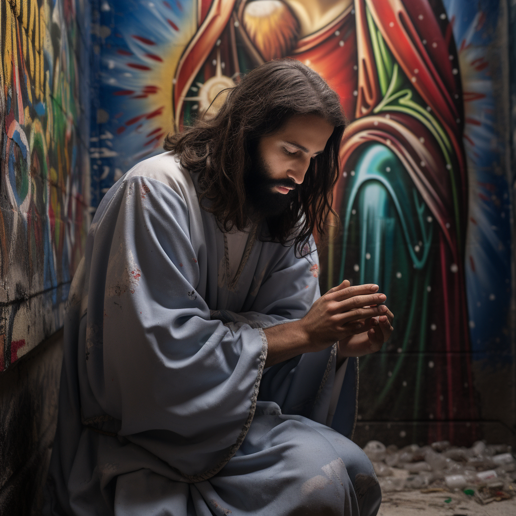 Graffiti art of Jesus painting the word 'pray'