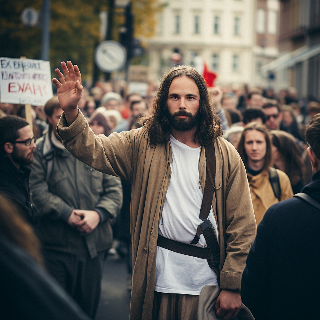 Jesus at Peace Demonstration with Stop Sign