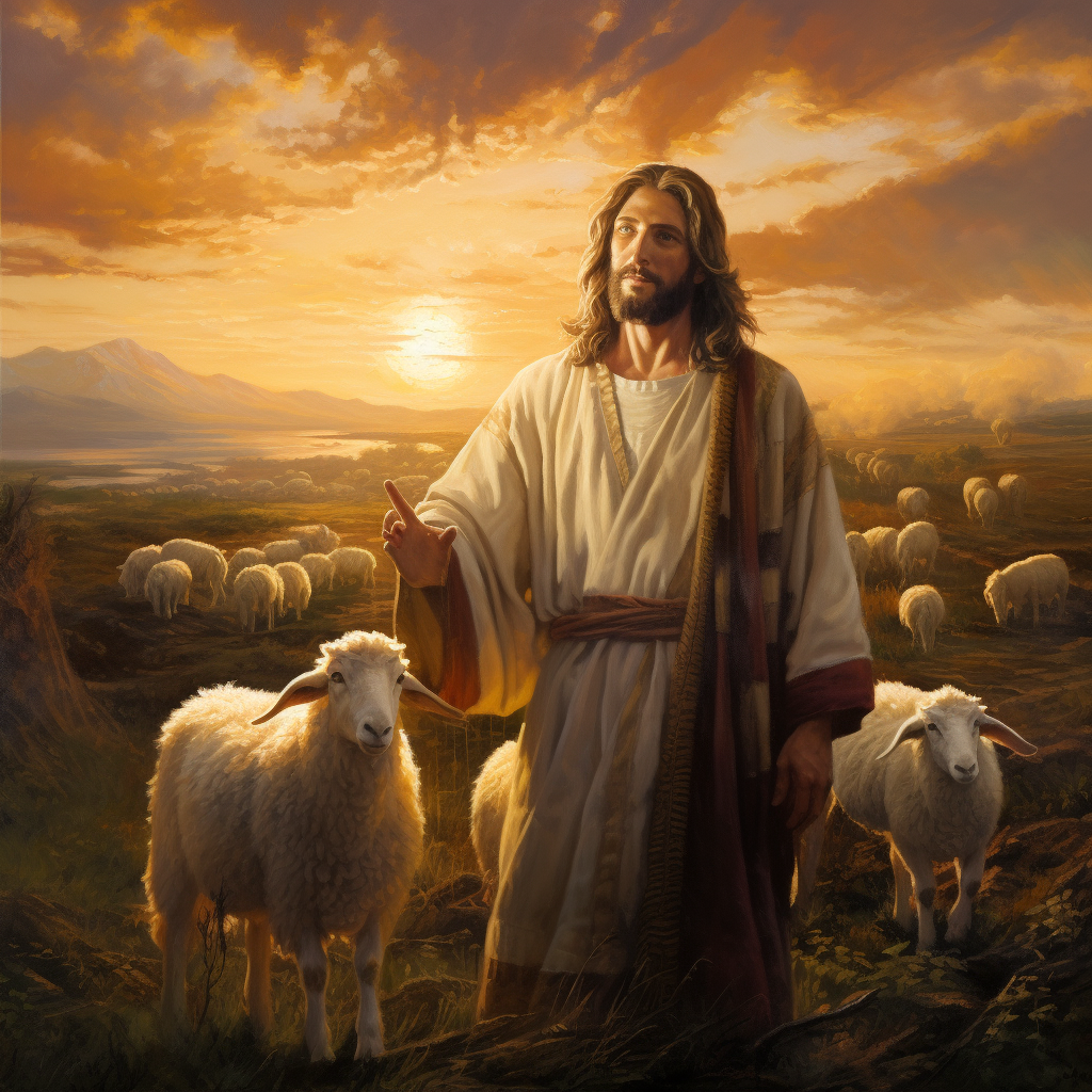 Jesus with Sheep in Meadow at Sunset