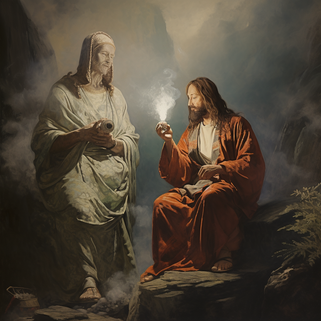 Jesus and Buddah enjoying a bong