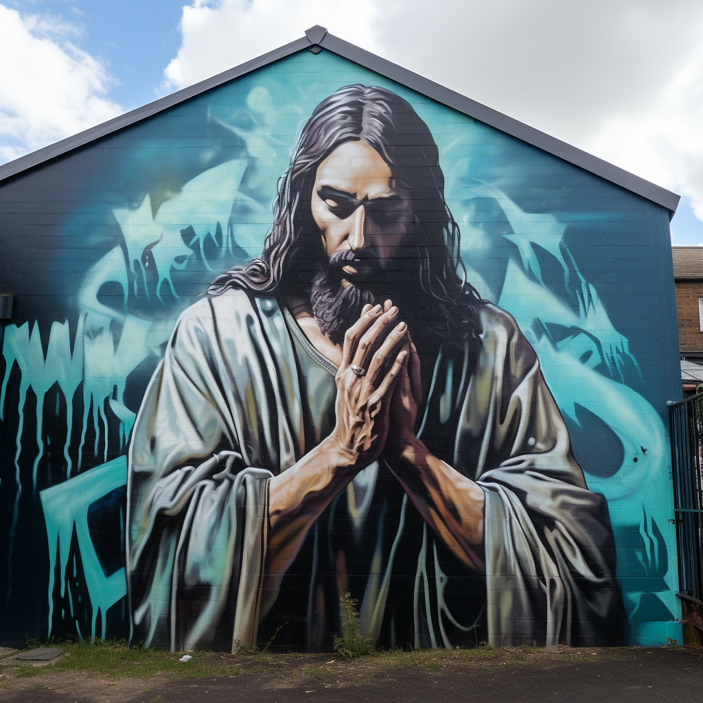 Jesus spray painting the word pray