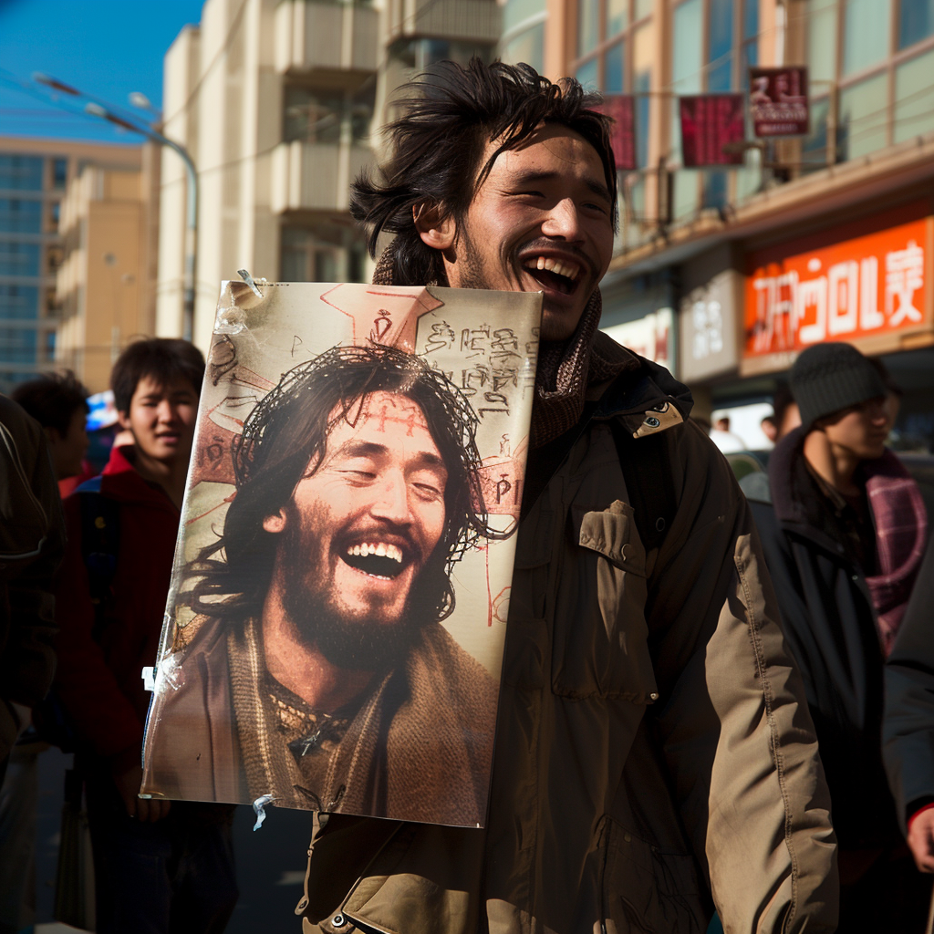 Jesus torn picture among laughing youth