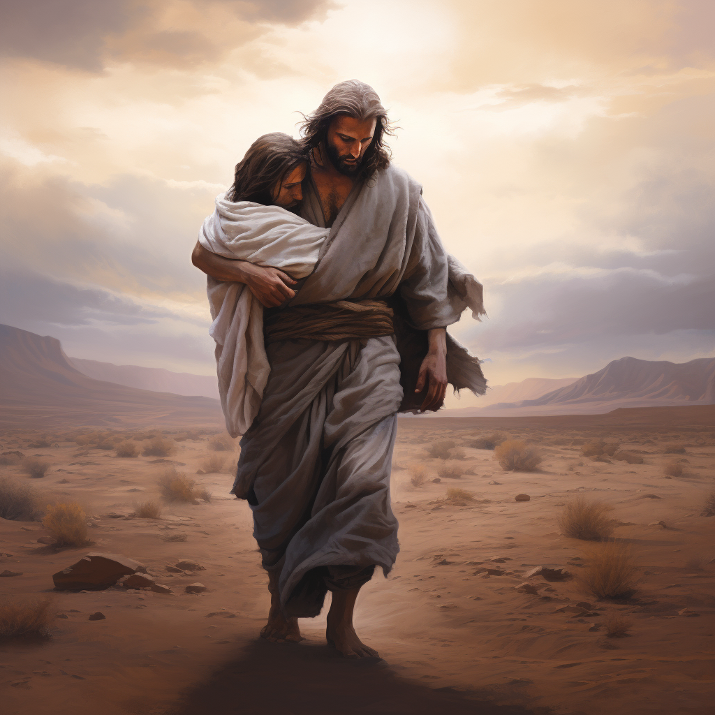 Jesus carrying a hurt man across a desert oasis