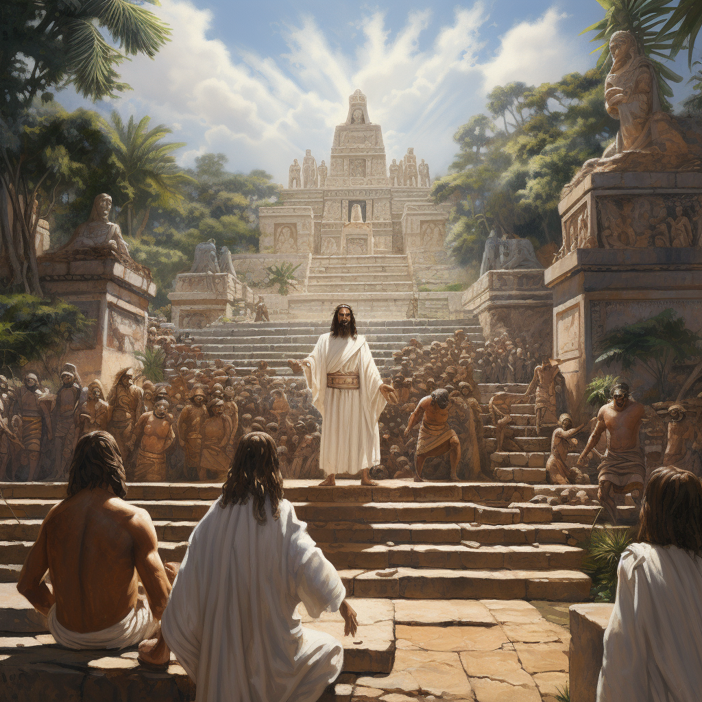 Jesus Christ standing on Mayan temple steps