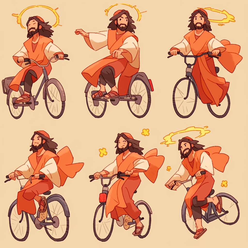 Jesus cycling in various poses