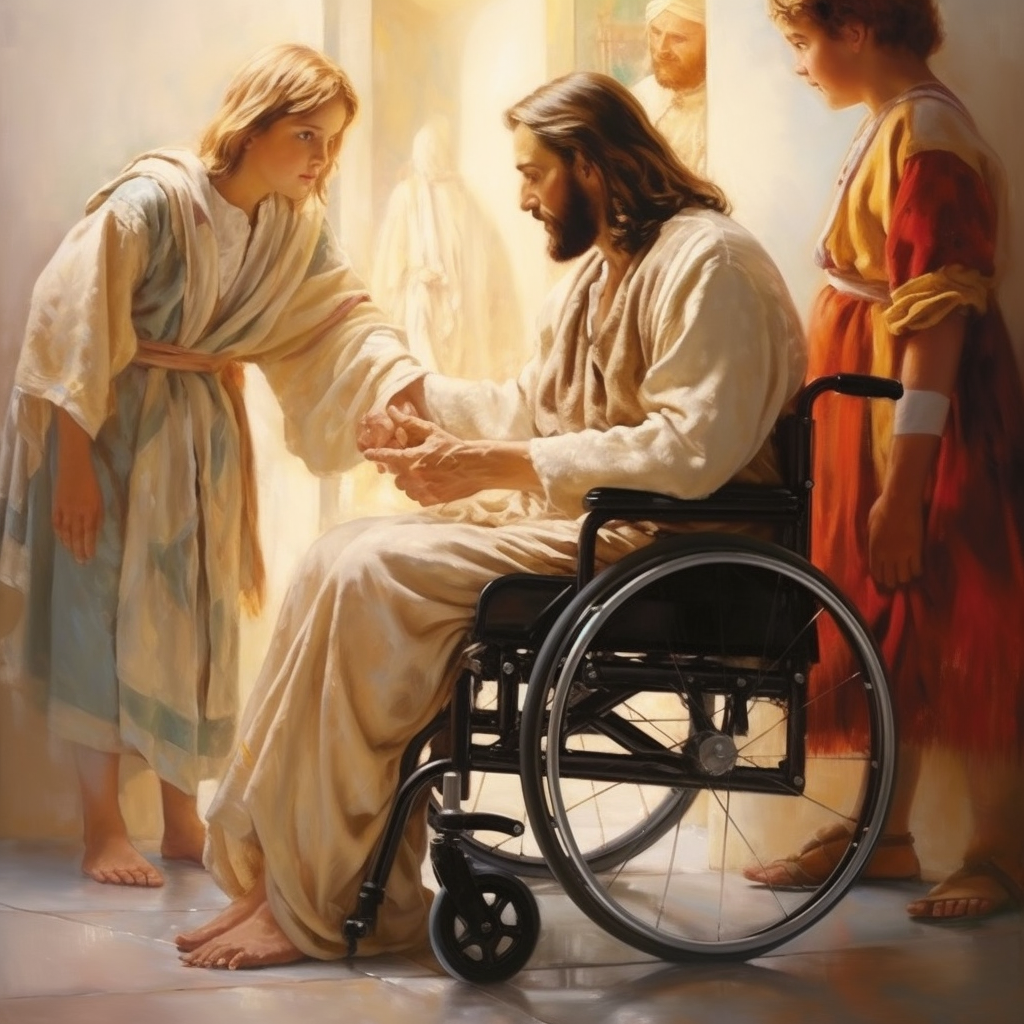 Jesus helping boy into wheelchair