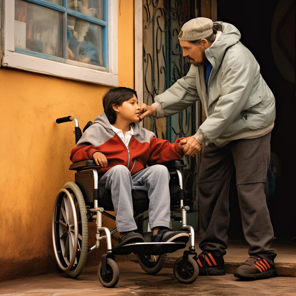 Jesus helping a little boy into a wheelchair