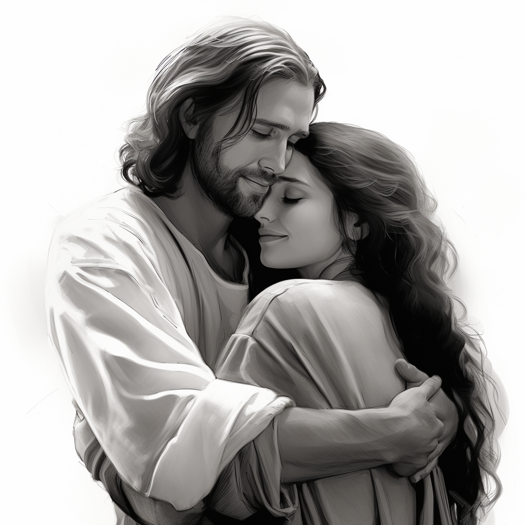 Heartwarming embrace of Jesus and young woman