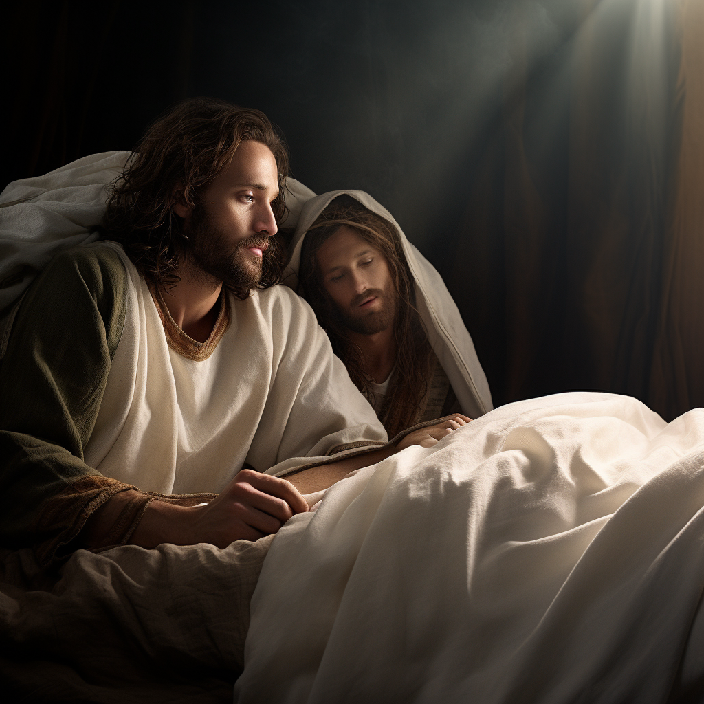 Jesus watching over man sleeping peacefully