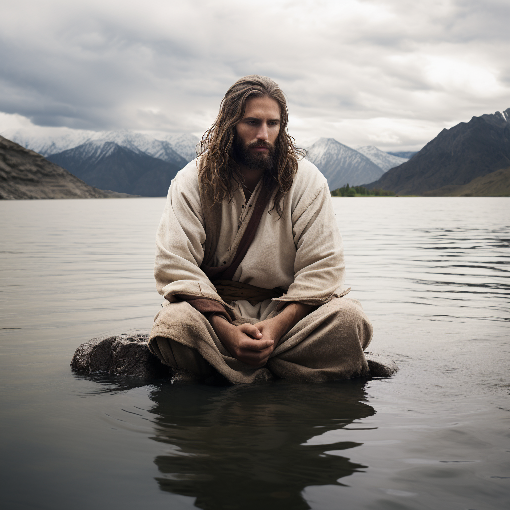 Jesus sitting by a lake with babies