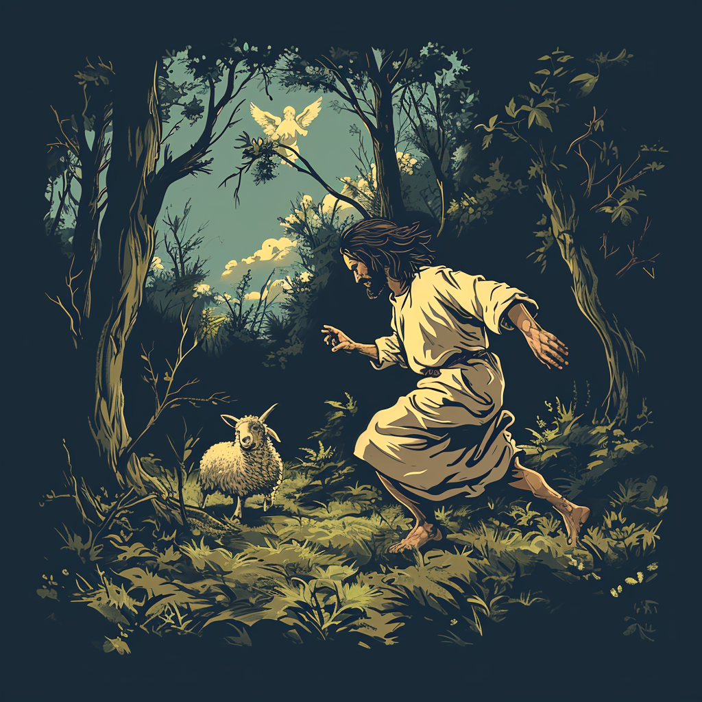 t-shirt design of Jesus chasing a small sheep