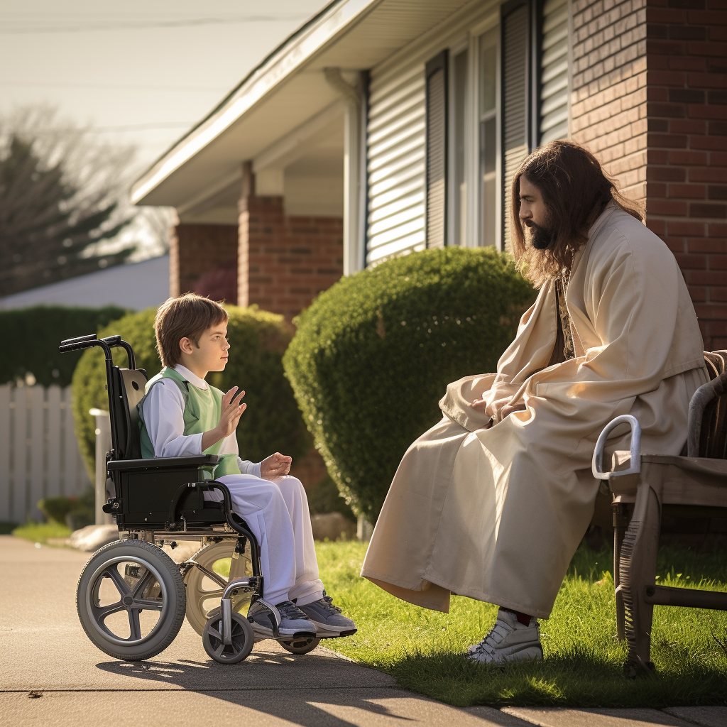 Jesus talking to a boy in wheelchair