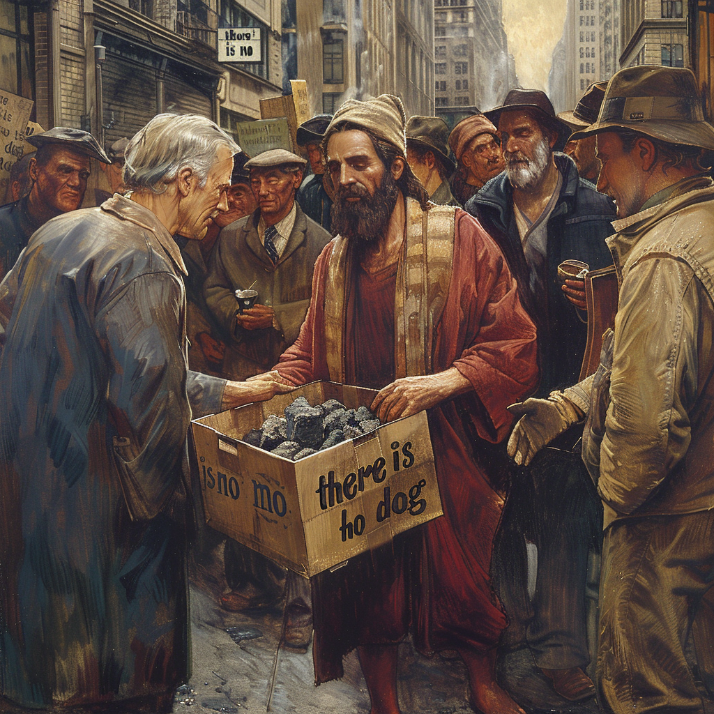 Jesus unwrapping box of coal with God and protesters