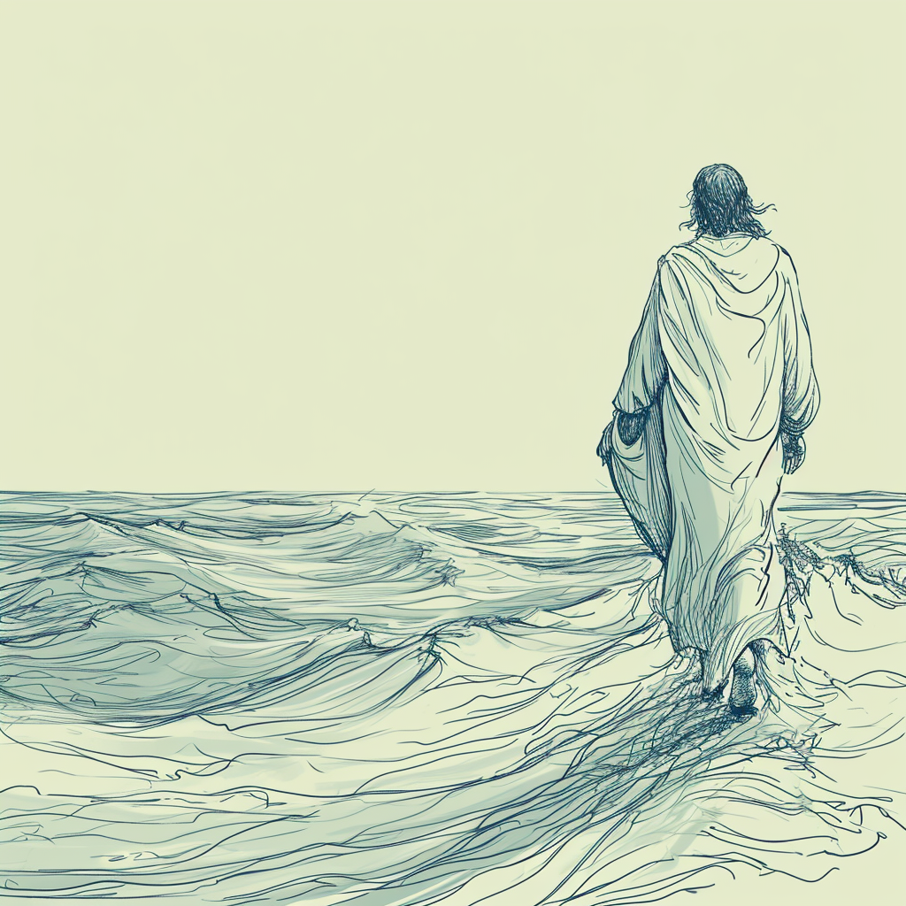 Jesus on Vast Ocean Line Drawing