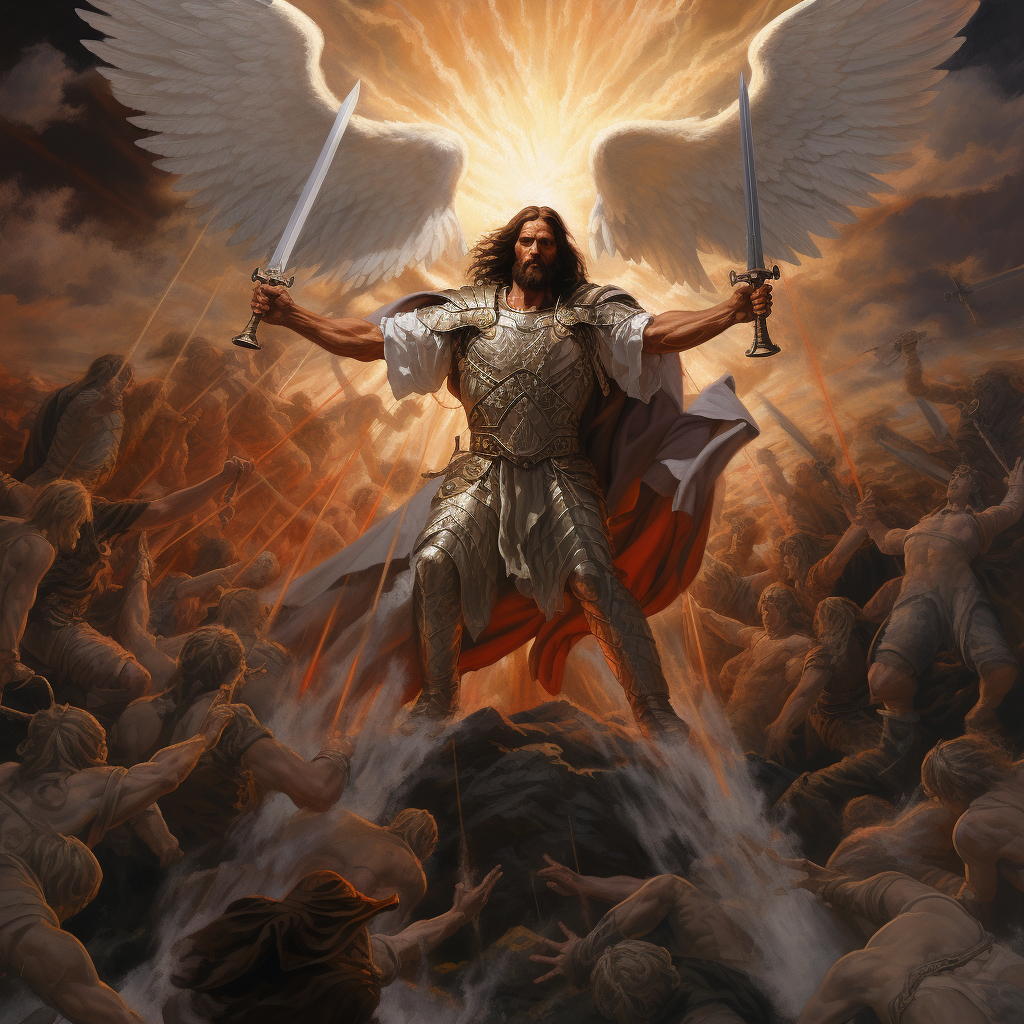 Jesus leading warrior angels in battle