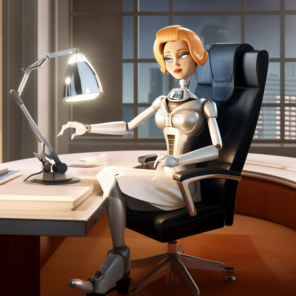 Female robot at desk in executive office