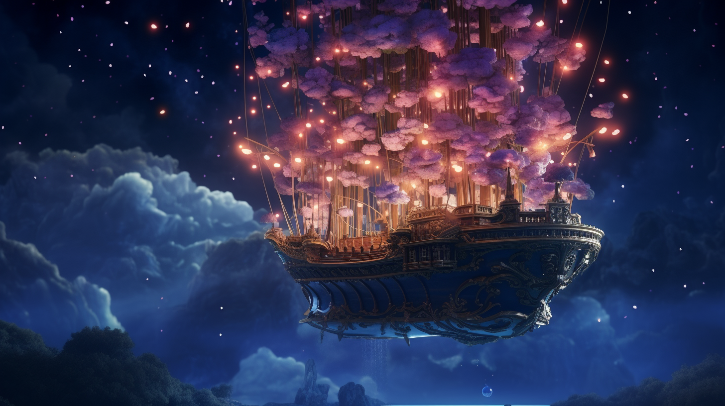 Jeweled airship floating in the night sky