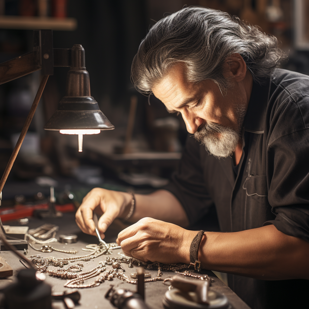 Expert jeweler repairing silver necklace