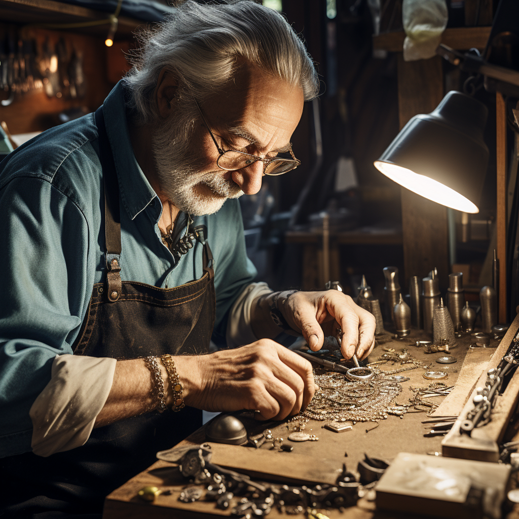 Skilled jeweler intently repairing silver necklace