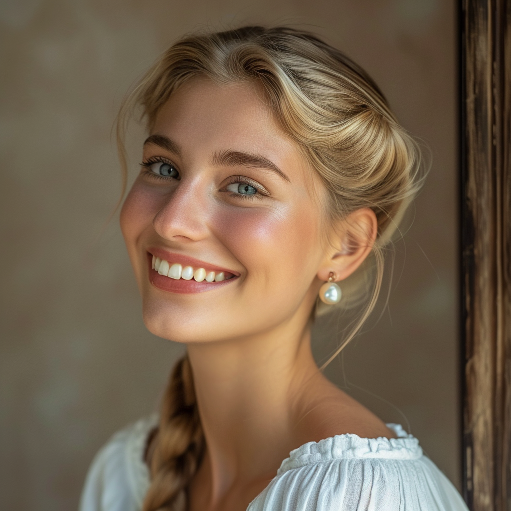 Blonde woman wearing pearl earrings