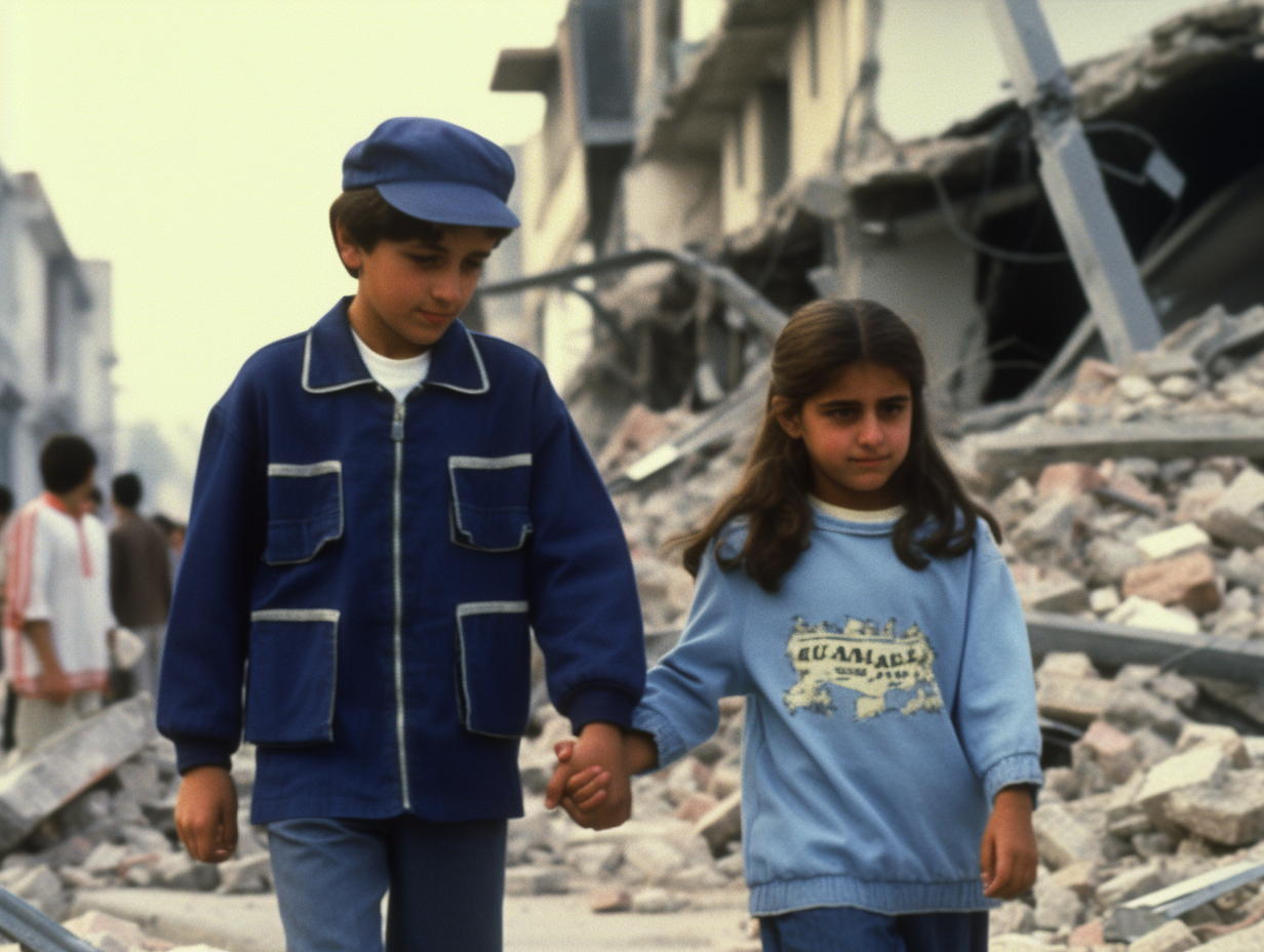 Jewish boy and Muslim girl holding hands amidst collapsed buildings