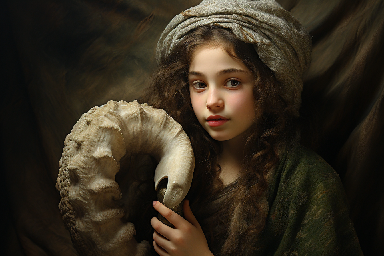 Jewish girl blowing rams horn shofar