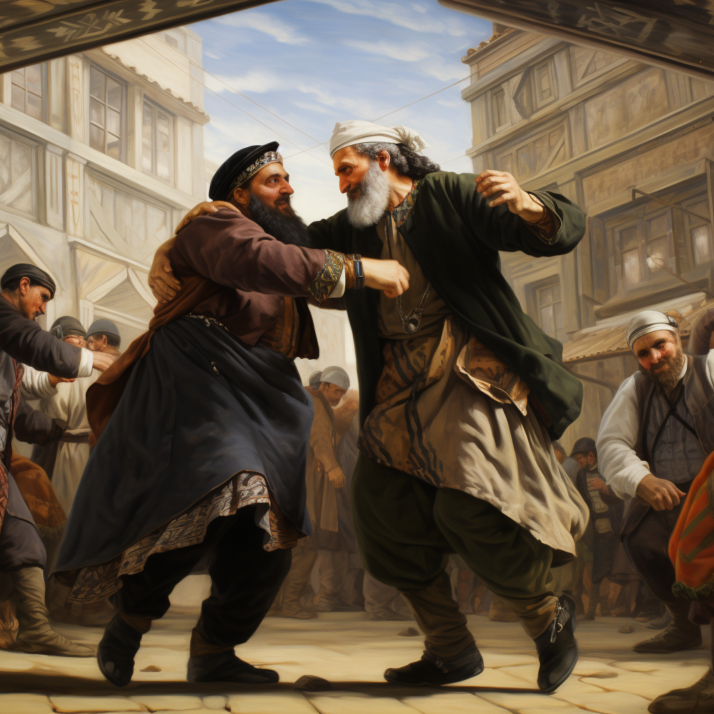 Jewish rabbi and Muslim cleric dancing affectionately