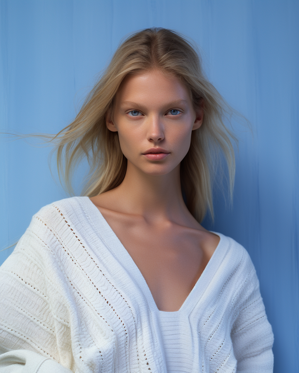 fashion model wearing ivory cardigan by Jil Sander