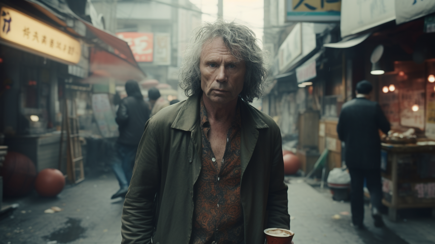 Cinematic still of 80-year-old Jim Morrison in Tokyo