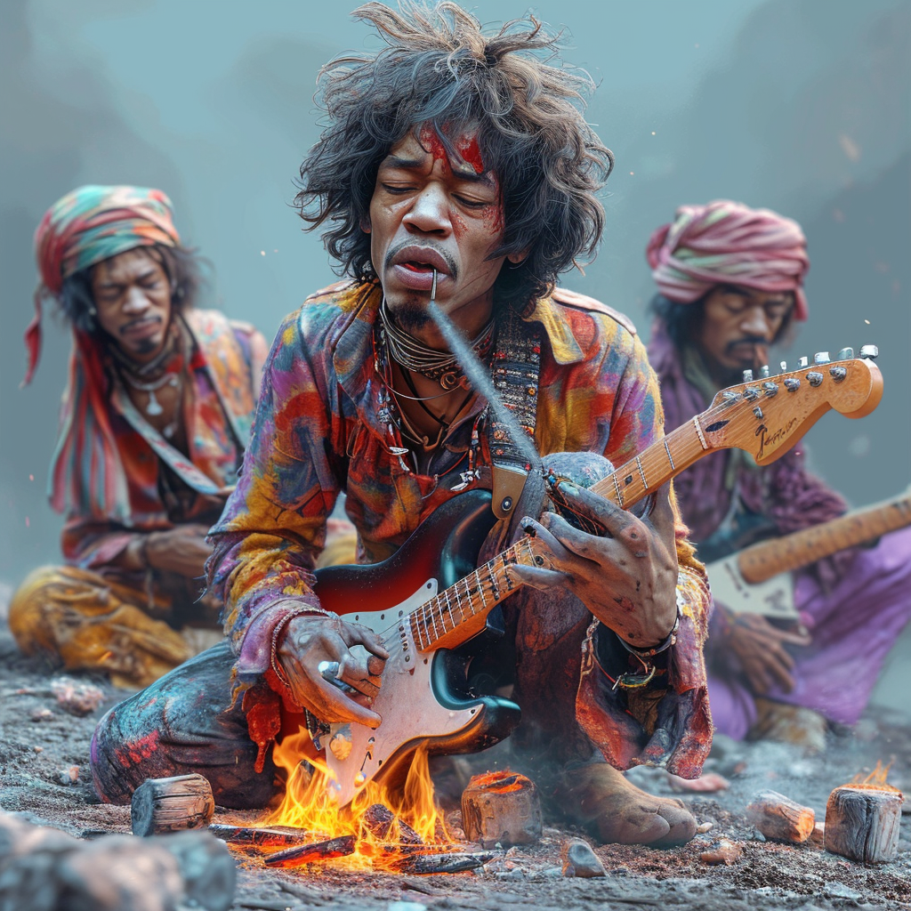 Jimi Hendrix burning guitar spray