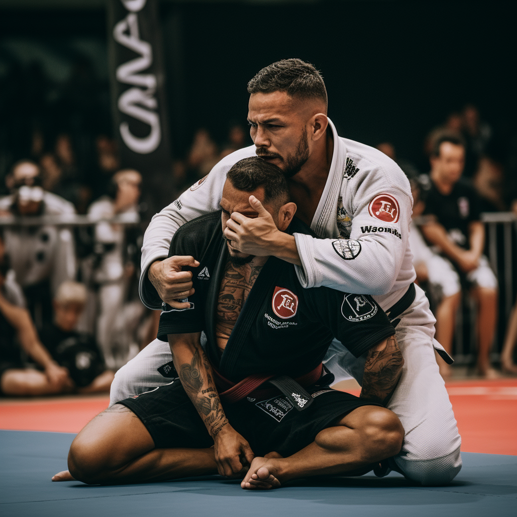 Jiu Jitsu competitors executing Bow & Arrow Choke