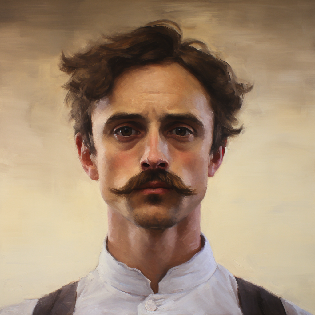 Oil painting of a mustached man in JMW Turner style