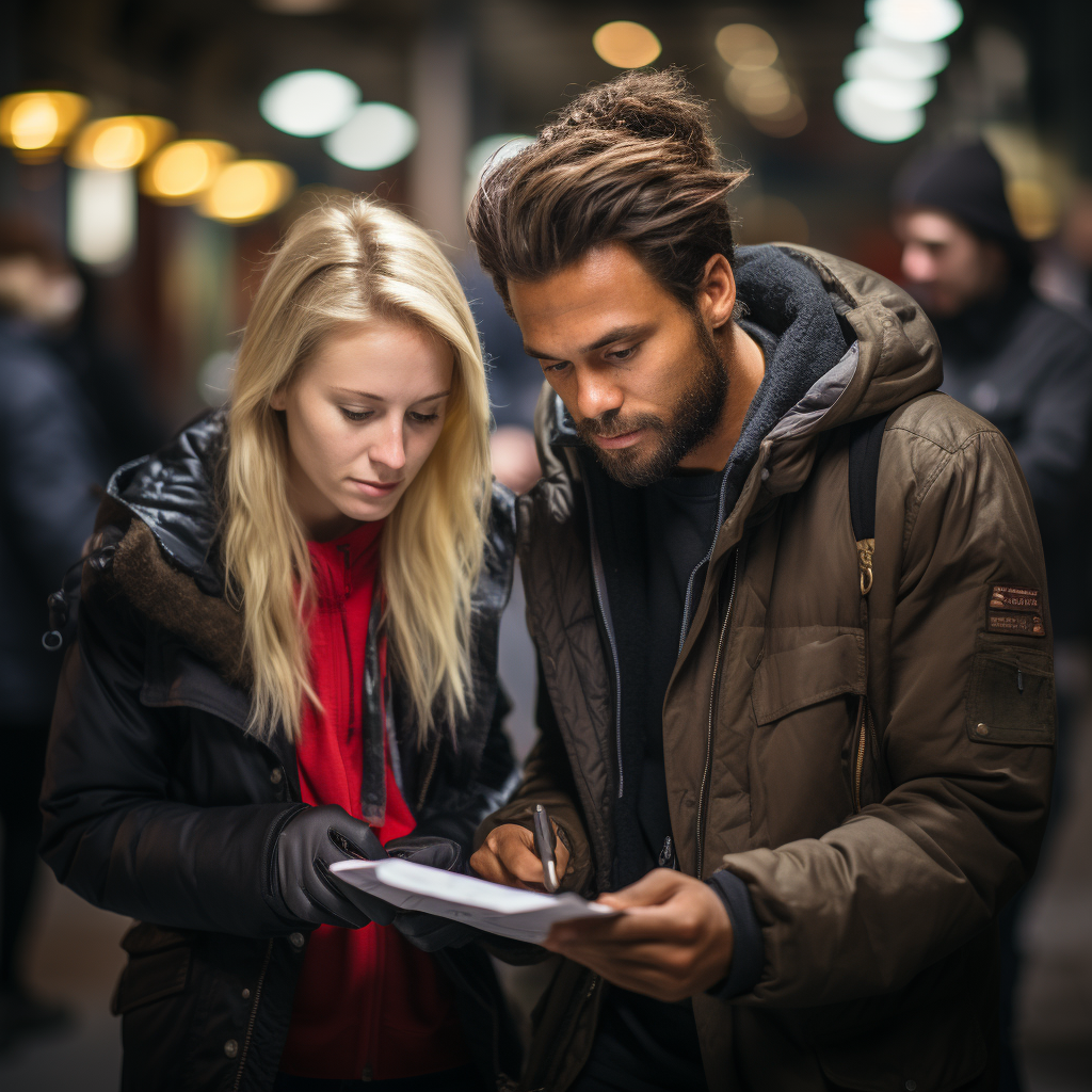 Young homeless man and woman examining job expo flyer