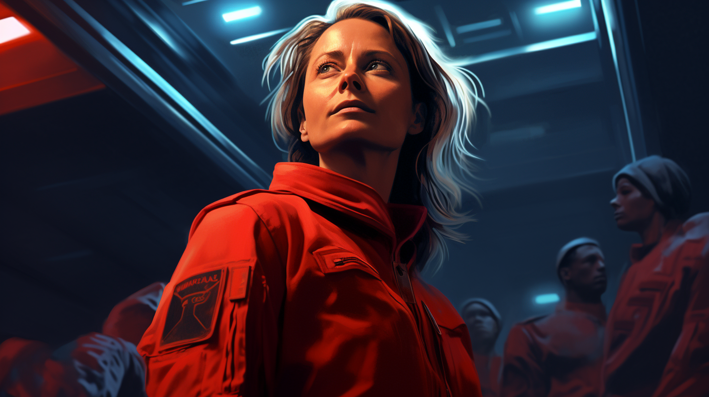 Jodie Foster in red overall, alien movie style