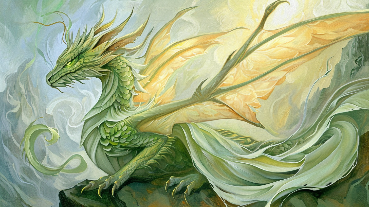 Green-yellow feathered snake dragon painting