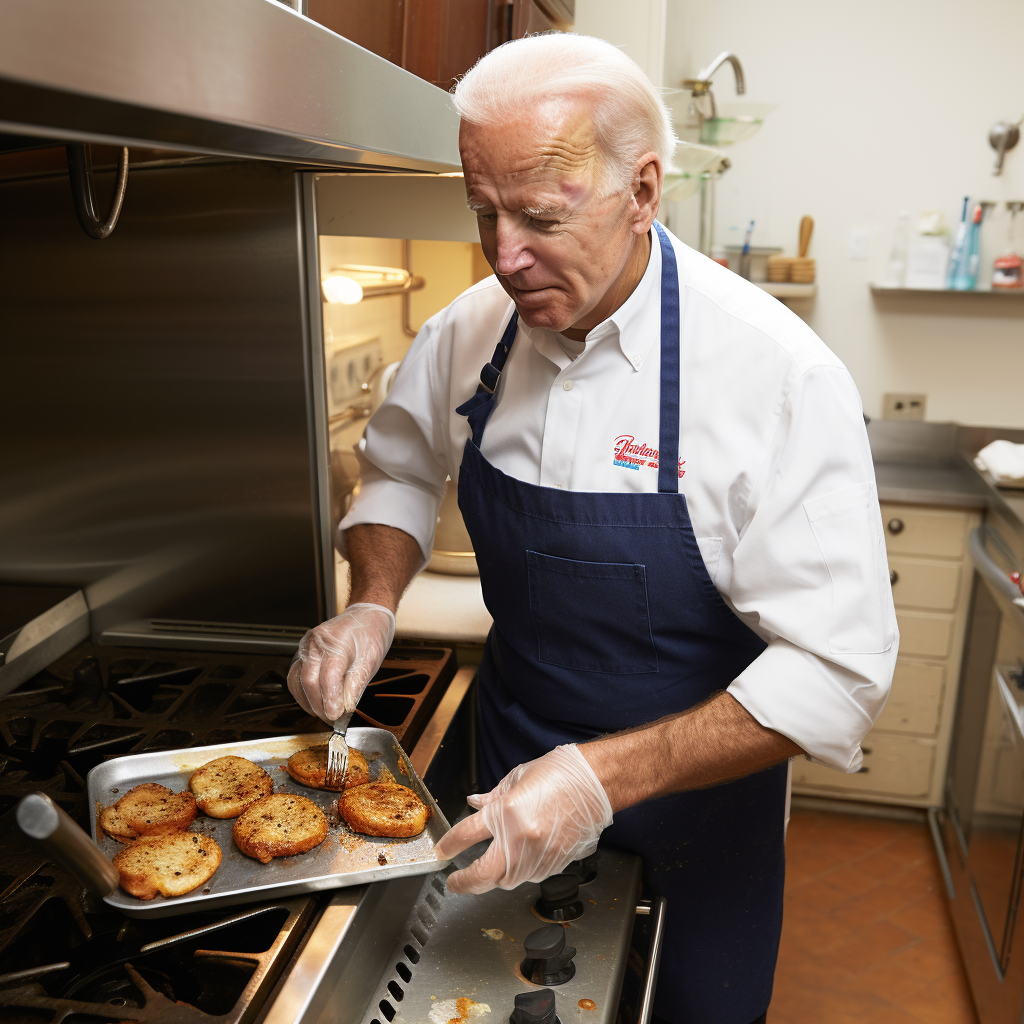 Joe Biden wearing apron heating food