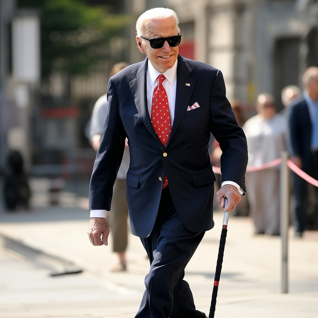 Joe Biden with sunglasses and blind walking stick