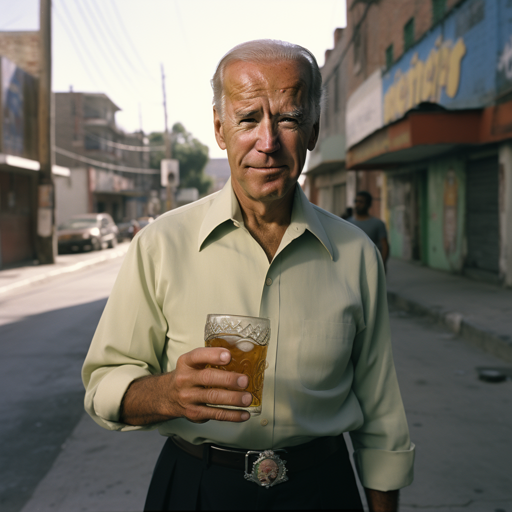 Joe Biden holding small glass of tequila in Mexico