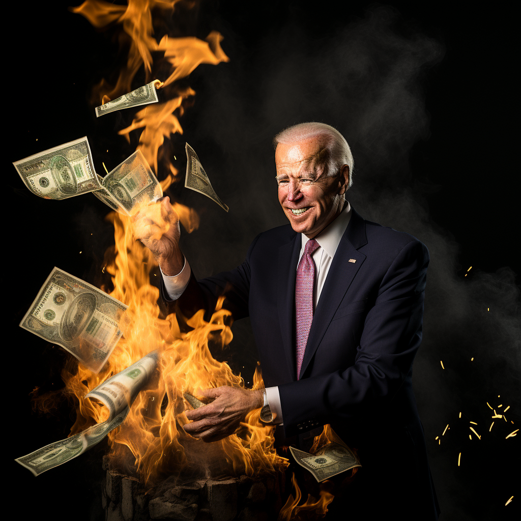 Joe Biden throwing money in fire