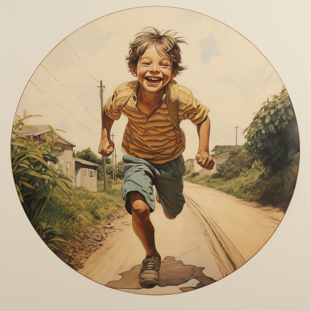 Happy boy jogging on a circular road